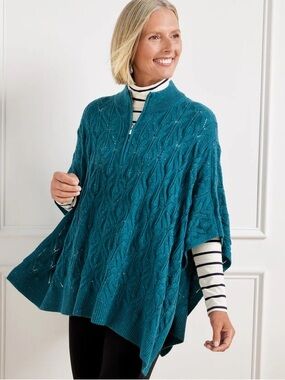 Talbots Teal Cable-Knit Half-Zip Poncho Sweater - Women Size L